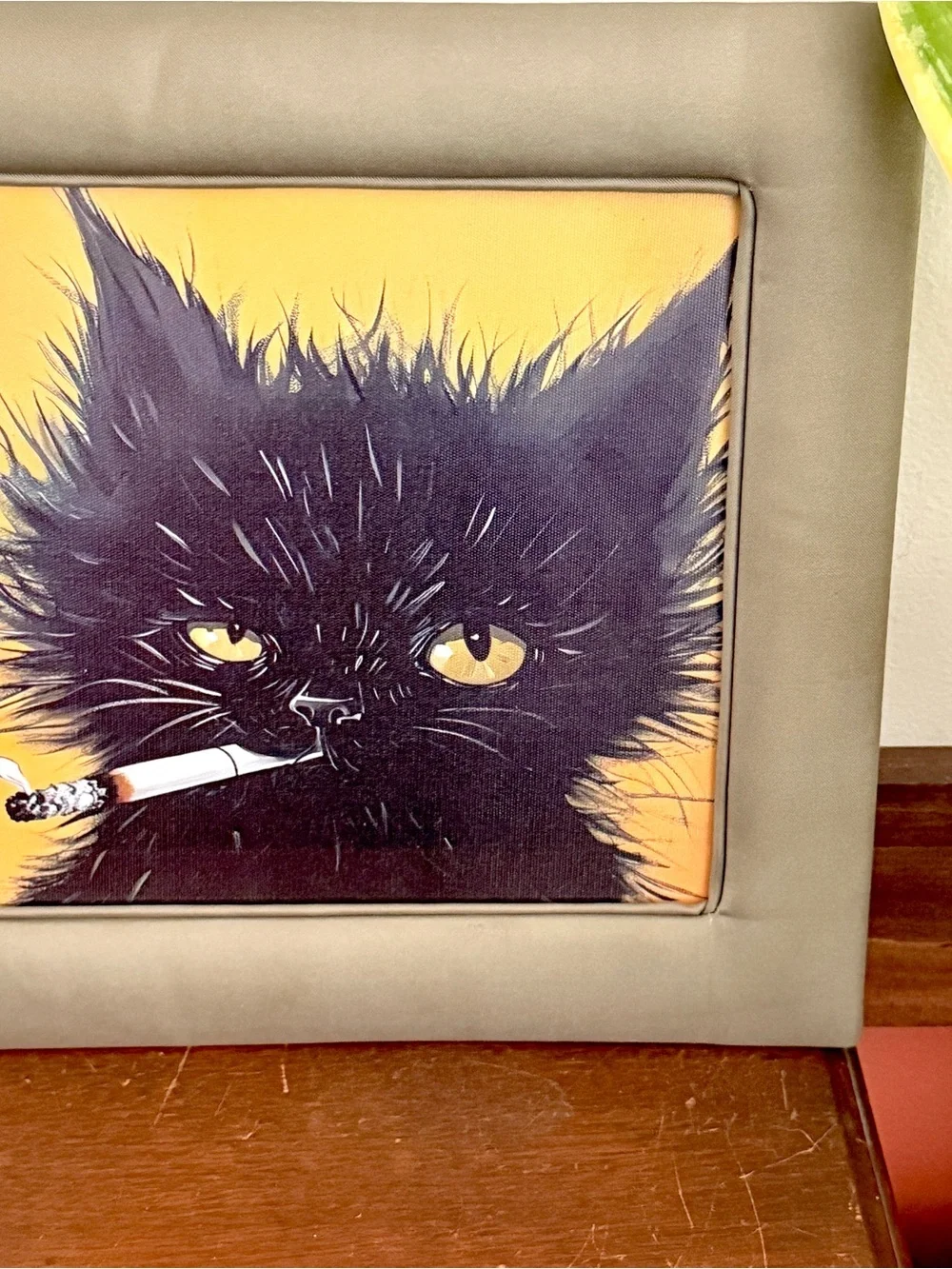 Disheveled Black Cat Smoking a Cigarette Olive Fabric Framed Canvas Art Print